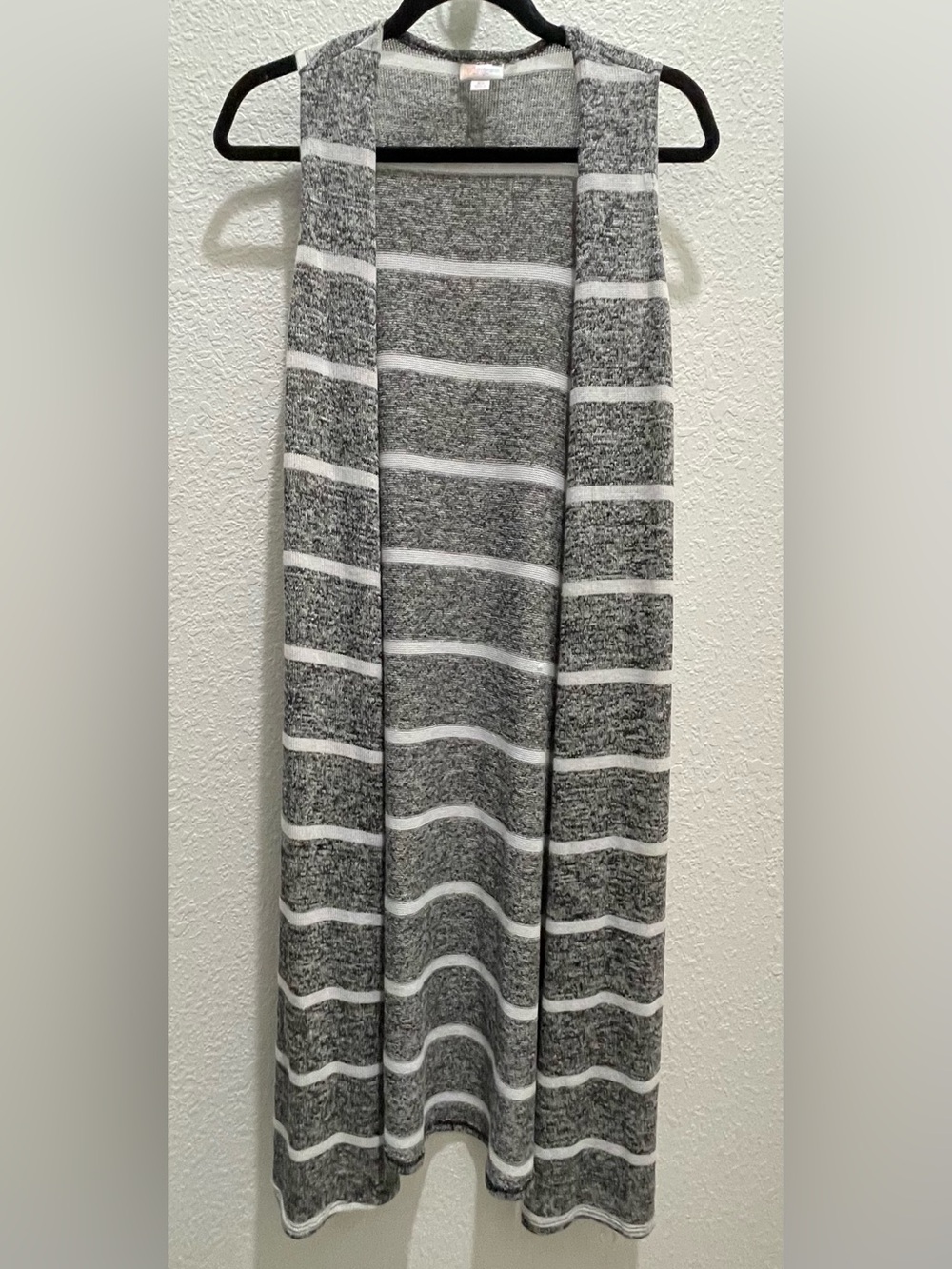 LuLaRoe Gray and White Striped “Joy” Duster Vest